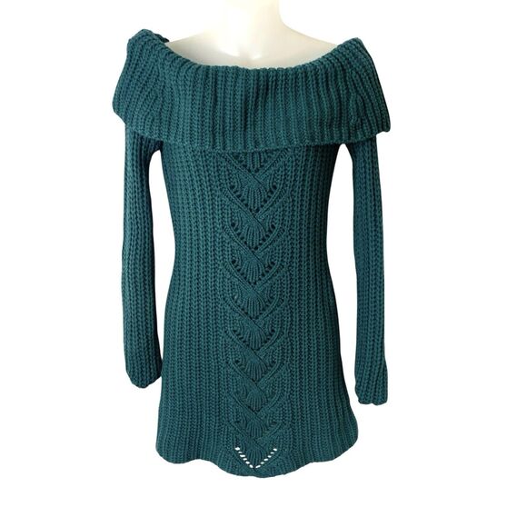 Bebe Cable-Knit Tunic Top Sweater Y2K Off-The-Shoulder Long Sleeves Teal Medium - Picture 11 of 13